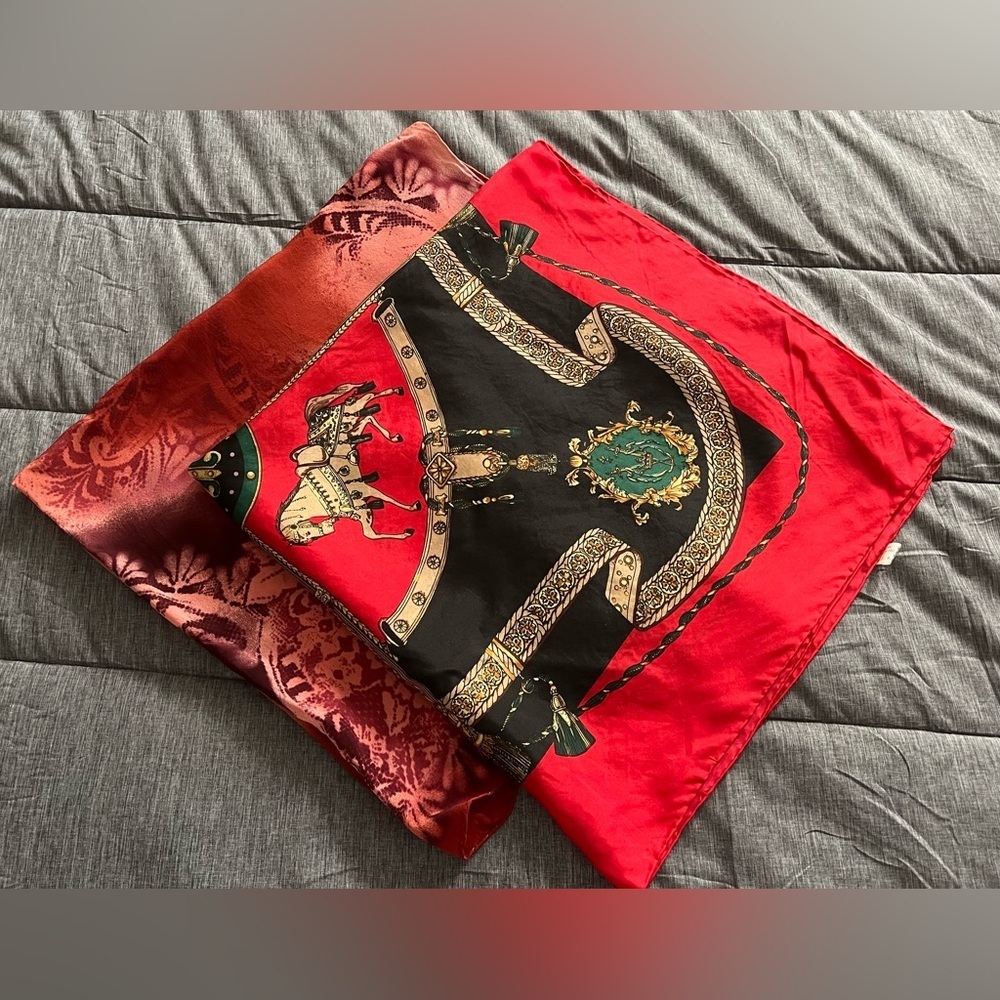Vintage Bundle (2) Equestrian Themed Silk Scarf & Emanuel Ungaro Scarf